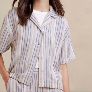 Banana Republic Factory Beige and Blue Striped Short Sleeve Button Shirt